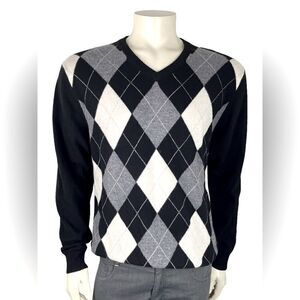 Alan Flusser V-Neck Argyle Sweater 100% Cashmere Size L Like New Condition